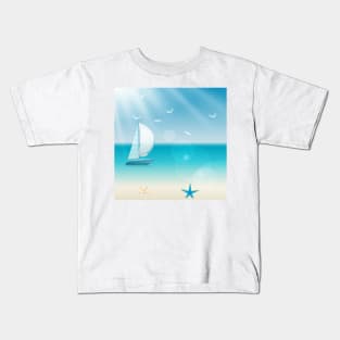 Cheerful Beach Sea Sailboat Scene Kids T-Shirt